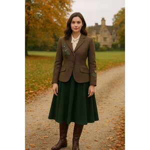 VTG Dress Barn Wool Blend Herringbone Embroidered Equestrian Blazer Brown 16
